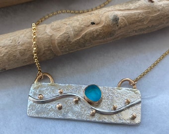 Collana in vetro marino riempita d'oro 14k - Ciondolo artigianale in argento sterling