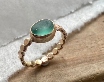 Handcrafted 14k Gold Sea Glass Ring | Beaded Band