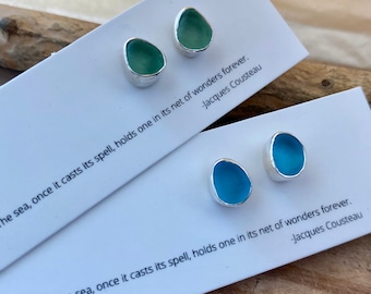 Sterling Silver Sea Glass Studs, Tiny Bezel Earrings