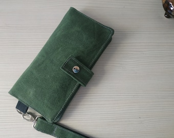 Women's wallet, Waxed canvas long wallet, Vegan slim wallet, Travel organizer, Phone wallet, Green wallet women, Passport holder, Handmade