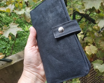 Waxed canvas long wallet, Long wallet women, Wristlet wallet, Men's bifold wallet, Smartphone wallet, Passport holder, Black wallet fabric