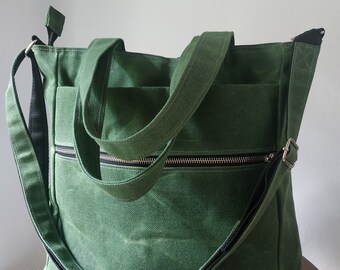 Waxed canvas tote bag for women, Women's crossbody bag, Green canvas tote bag, Waxed canvas bag with handles and shoulder strap, Travel bag