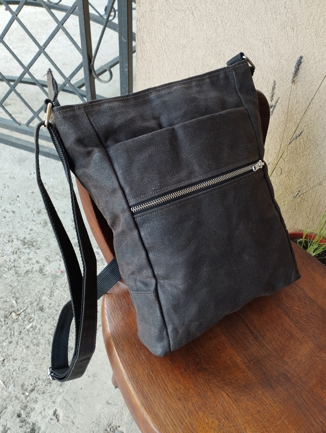 Waxed Canvas Crossbody Bag, Crossbody Bag With Zipper Closure, Dark