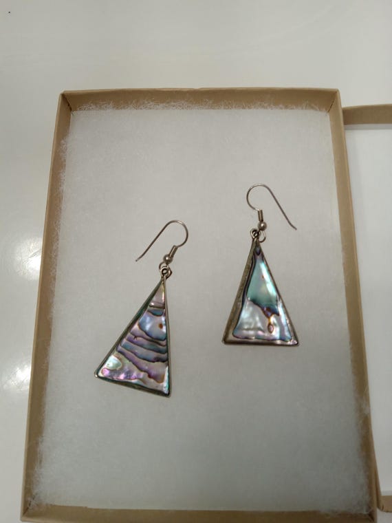 Vintage Abalone Triangle Drop Dangle Earrings Alp… - image 1