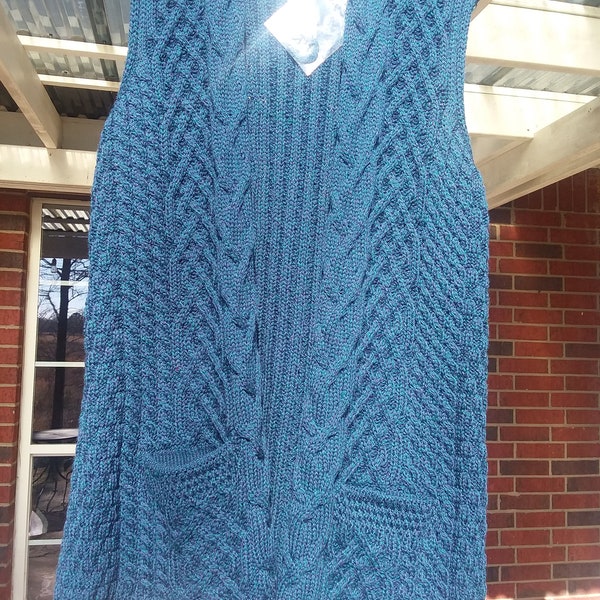 Irish Kilronan Cable Knit 100% Merino Wool Open Front Sweater Vest Size M Made In Ireland