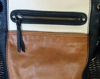 The Sak Pebbled Leather Shoulder Crossbody Hobo Bag Brown/Cream/Black