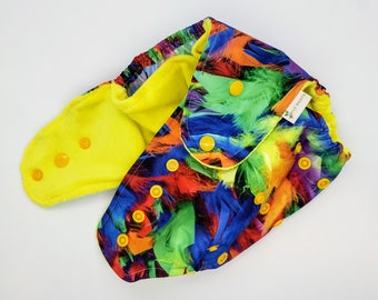 Bright Feathers PUL Pocket Cloth Diaper | Green Blue Yellow Rainbow Gender-Neutral