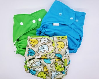 Set of 3 Pocket Cloth Diapers | Coordinating Elephant Print with Blue and Green