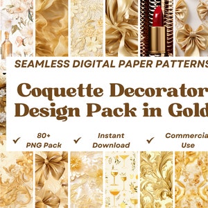 80+ Coquette Decorator Seamless Digital Papers in GOLD* Premium PNG Bundle* Feminine Gi rls Design* Commercial * Infinite Patt ern