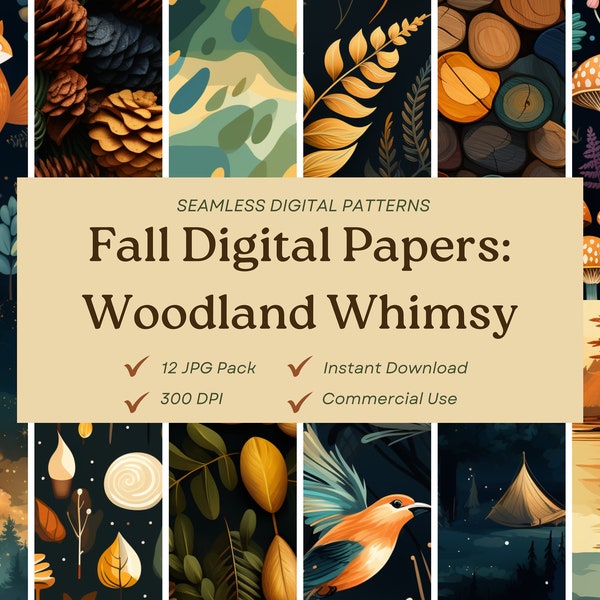 Woodland Whimsy 12-Pack, Fall Thanksgiving Seamless Digital Papers, Beautiful JPGs * 300 DPI * Instant Download * Hobby, Art, Commercial