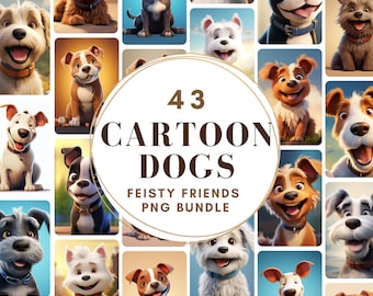 Puede incluir: Un collage de 43 perros de dibujos animados en varias poses y expresiones. Los perros son de diferentes razas y colores, y están colocados sobre un fondo blanco. El texto "43 CARTOON DOGS FEISTY FRIENDS PNG BUNDLE" está en el centro de la imagen.
