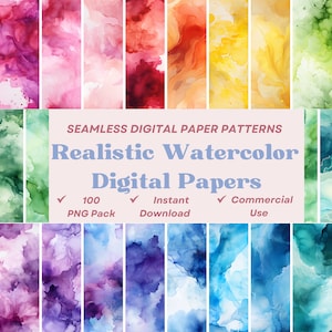 Watercolor Premium PNG Pack: 100 Seamless Digital Papers * Instant Download * Ombre Realistic Brushstroke Effect * Hobby, Art, Commercial