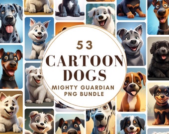 Puede incluir: Una colección de 53 ilustraciones de perros de dibujos animados en varias poses y razas. Los perros se representan en un estilo colorido y caprichoso, con colores brillantes y caras expresivas. El texto "53 Cartoon Dogs Mighty Guardian PNG Bundle" se muestra en el centro de la imagen.