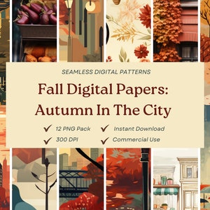 Autunno in città Confezione da 12, documenti digitali senza soluzione di continuità per il Ringraziamento autunnale * Bellissimi PNG * 300 DPI * Download istantaneo * Hobby, arte, pubblicità