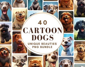 Puede incluir: Un collage de 40 perros de dibujos animados con diseños únicos. Los perros están todos sonriendo y tienen diferentes colores de pelaje y patrones. El texto "40 Cartoon Dogs Unique Beauties PNG Bundle" se muestra en el centro de la imagen.