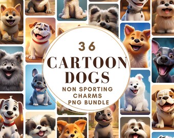 Puede incluir: Un collage de 36 ilustraciones de perros de dibujos animados, que presentan varias razas y poses. Los perros se representan en un estilo colorido y juguetón, con fondos brillantes y expresiones alegres. El texto "36 CARTOON DOGS NON SPORTING CHARMS PNG BUNDLE" se muestra en el centro de la imagen.