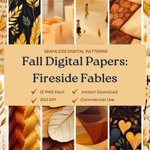Confezione da 12 Fireside Fables, documenti digitali senza soluzione di continuità per il Ringraziamento autunnale * Bellissimi PNG * 300 DPI * Download istantaneo * Hobby, arte, pubblicità