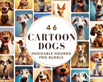 Puede incluir: Un collage de 46 ilustraciones de perros de dibujos animados en varias poses y expresiones. Los perros son de diferentes razas y colores, y todos están sonriendo y se ven felices. El texto "46 CARTOON DOGS HUGGABLE HOUNDS PNG BUNDLE" se muestra en el centro de la imagen.