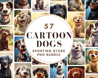 Puede incluir: Una colección de 57 ilustraciones de perros de dibujos animados en varias poses y razas. Los perros se representan en un estilo colorido y juguetón, con colores brillantes y rasgos expresivos. El texto "57 Cartoon Dogs Sporting Stars PNG Bundle" se muestra en el centro de la imagen.