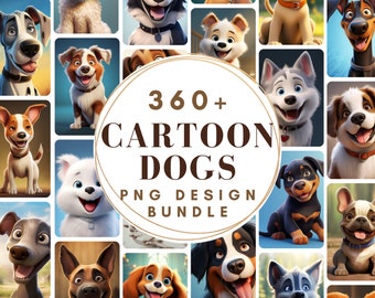 Puede incluir: Una colección de más de 360 ilustraciones de perros de dibujos animados en formato PNG. Los perros se representan en diversas poses y expresiones, con una variedad de razas y colores. La imagen presenta un collage de ilustraciones individuales de perros, cada una con un borde blanco.