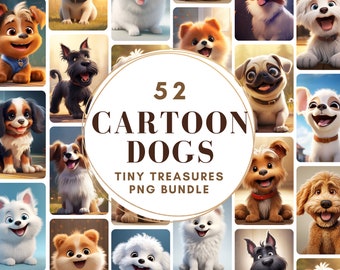 Puede incluir: Una colección de 52 imágenes de perros de dibujos animados en un paquete PNG. Los perros son de varias razas y colores, cada uno con una expresión única y alegre. El texto en el centro dice "52 Cartoon Dogs Tiny Treasures PNG Bundle."