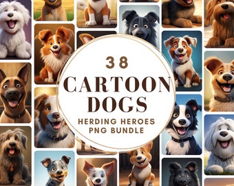 Puede incluir: Una colección de 38 ilustraciones de perros de dibujos animados en formato de cuadrícula. Los perros son de diferentes razas y tienen varias expresiones en sus caras. El texto "38 CARTOON DOGS HERDING HEROES PNG BUNDLE" está en el centro de la imagen.