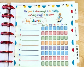 DASHBOARD Daily Chores Cleaning Schedule for use with Classic Happy Planner, Erin Condren (Life Planner/A5Coil/A5Ring) OR Heidi Swapp-