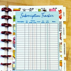 DASHBOARD Subscription Account Tracker for use with Classic Happy Planner OR Erin Condren (Life Planner/A5Coil/A5Ring)-