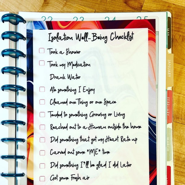 DASHBOARD Isolation Well-Being Checklist for use with BIG Happy Planner (double sided)