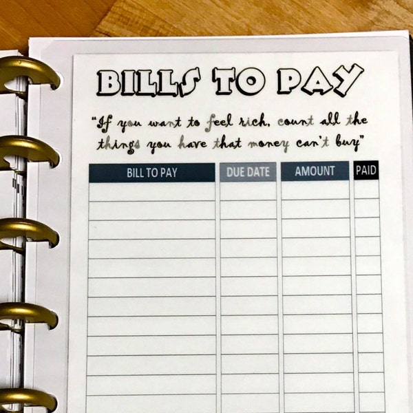 DASHBOARD - Bills to Pay Neutral Black White Gray for use with MINI Happy Planner