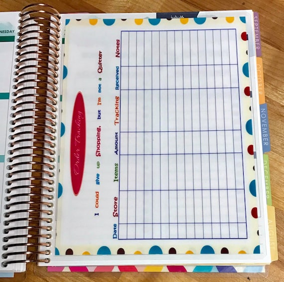 Shopping Order Tracker Two Sided Dashboard for use with Filofax A5