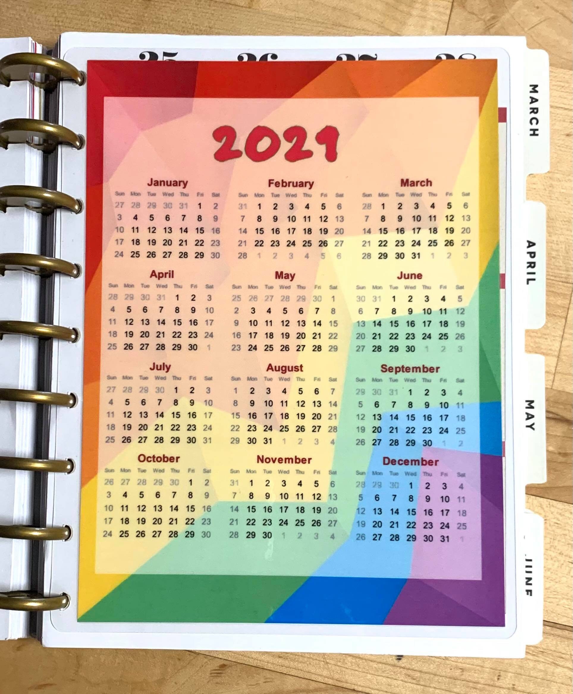 Yearly Calendar 2021-22 Two Sided Dashboard for use with the BIG Happy Planner 