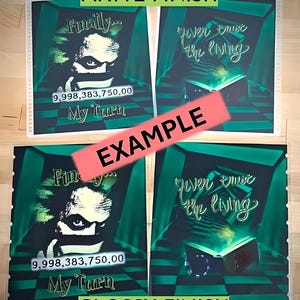 Puede incluir: Cuatro impresiones con un dise&ntilde;o verde y negro, con texto y la cara de un personaje. Las dos impresiones superiores tienen un acabado mate, mientras que las dos inferiores tienen un acabado brillante. El texto incluye "Finally...", "My Turn" y "geven emist the living".