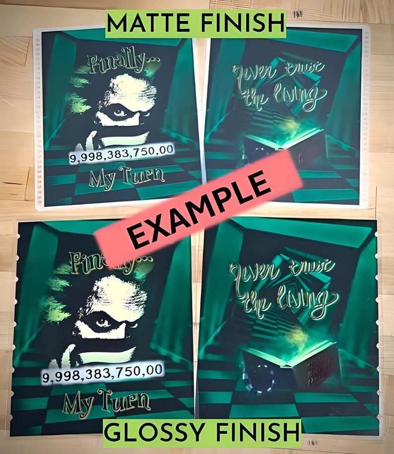 Puede incluir: Cuatro impresiones con un dise&ntilde;o verde y negro, con texto y la cara de un personaje. Las dos impresiones superiores tienen un acabado mate, mientras que las dos inferiores tienen un acabado brillante. El texto incluye "Finally...", "My Turn" y "geven emist the living".