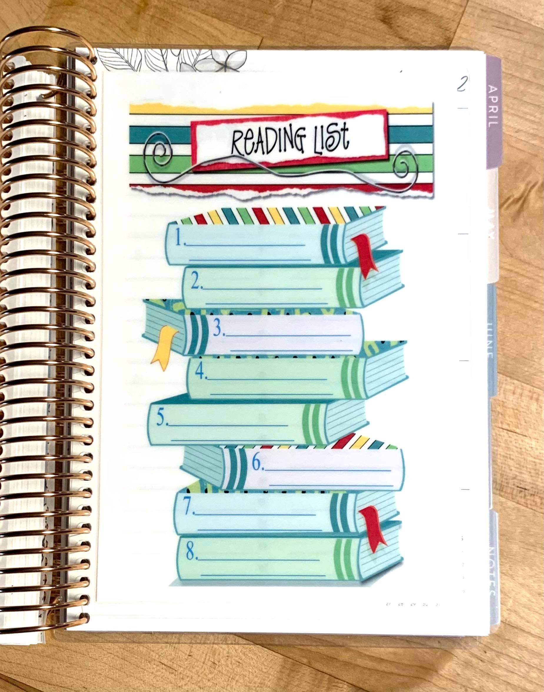 Filofax Book Reading List Two Sided Dashboard for use with Filofax A5 