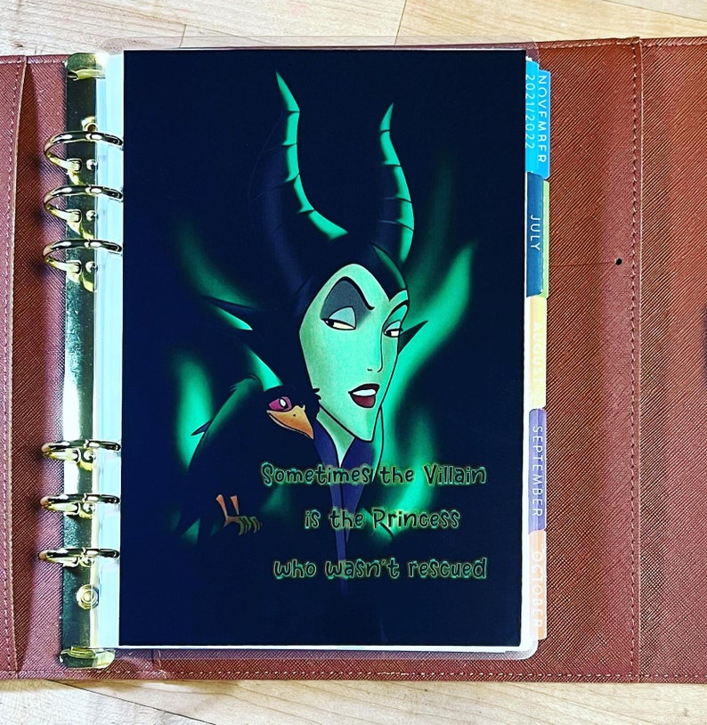 Puede incluir: Una agenda negra y verde con una cita que dice "Sometimes the Villain is the Princess who wasn't rescued". La agenda presenta una ilustraci&oacute;n de Mal&eacute;fica de La Bella Durmiente de Disney.