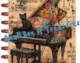 Front and Back Cover Set Vintage Flower Piano Music Cat 4 use w Classic/MiniHappy Planner/TUL/Erin Condren (LP/A5Coil/A5Ring)/A5 Filofax~