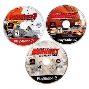May include: Three PlayStation 2 game discs featuring Burnout 3 Takedown, Burnout Revenge, and Burnout Dominator. Each circular disc displays the game title, the PlayStation 2 logo, the ESRB rating, and the Electronic Arts logo.