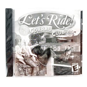May include: A sealed CD case for the video game "Let's Ride! Corral Club." The cover art features a black and white illustration of two people riding horses, with a barn and fence in the background. The game is rated "Everyone" by ESRB.