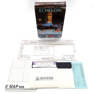 May include: A vintage Echelon 3-D Space Flight Simulator game box with accompanying materials. The box features a dark image of a spaceship and the game title. Included are a control panel diagram, a floppy disk, and other printed documents.