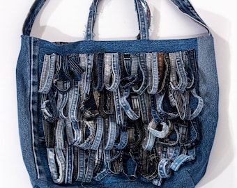 Edges Tote, Recycled Large Denim Bag Lined, High Fashion Design with Upcycled Back Jean Seams, Custom Handmade, Stylish, One-Of-A-Kind