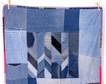 Modern Handmade Denim Bars Patchwork Quilt, Table Cloth, Throw, Bed Blanket, Wall Hanging Fiber Art, Recycled Upcycled Custom One-of-a-Kind