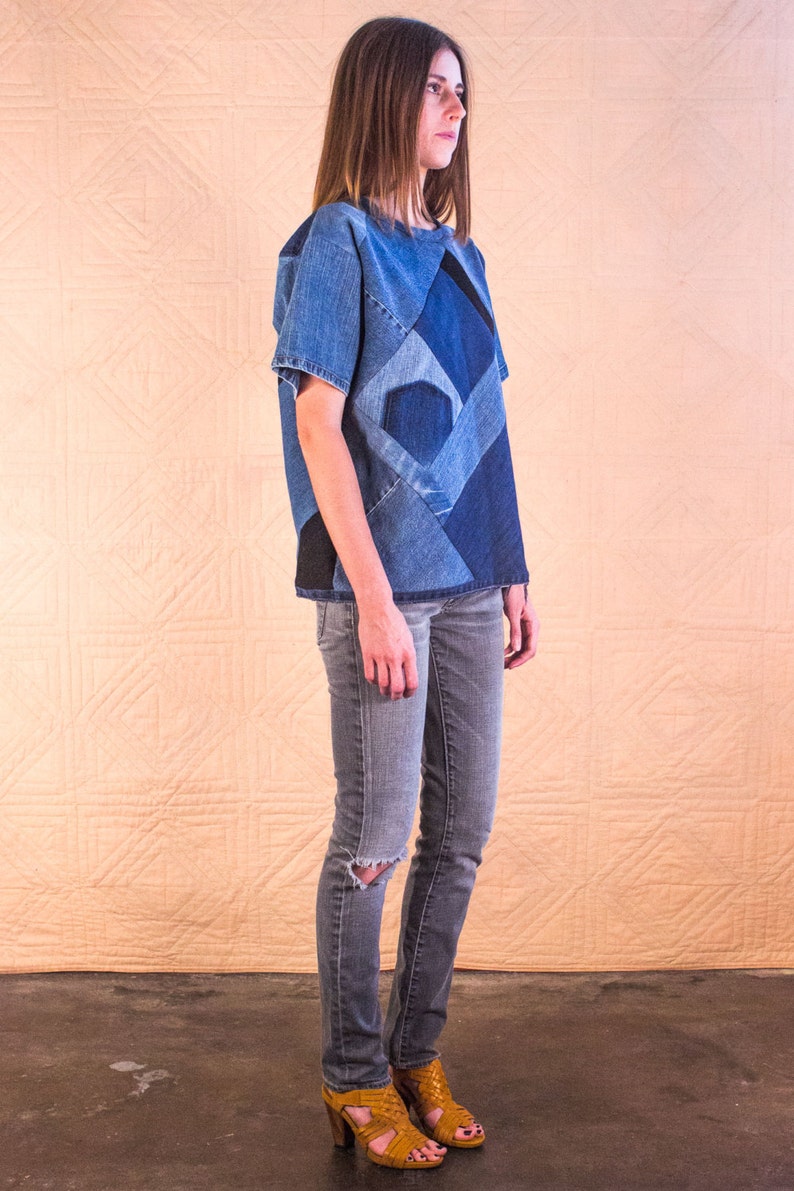 Women's Plaid Pattern Denim Patchwork Top main image 0