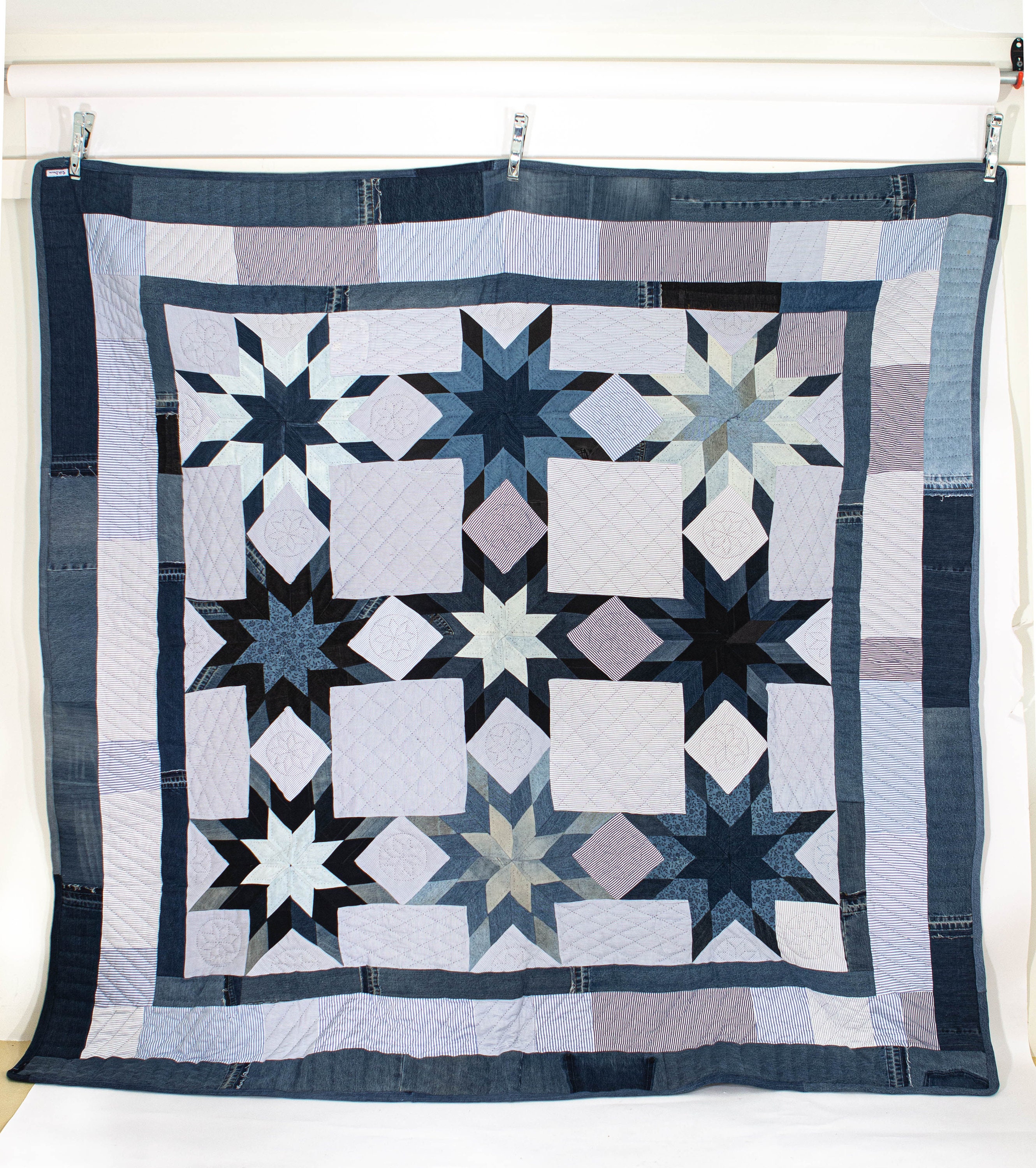 Nine Star Denim Queen Size Patchwork Quilt
