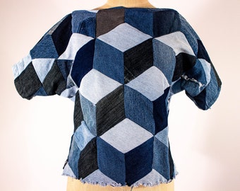 Baby Blocks Recycled Denim Top, Tunic Custom Sizing Options, Handmade To Order, Wearable Patchwork Quilt Fiber Art