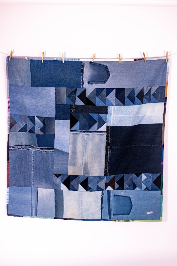 Modern Reversible Handmade Denim Flying Geese Patchwork Quilt, Table Cloth Throw Bed Blanket Wall Hanging Fiber Art Recycled Upcycled Custom