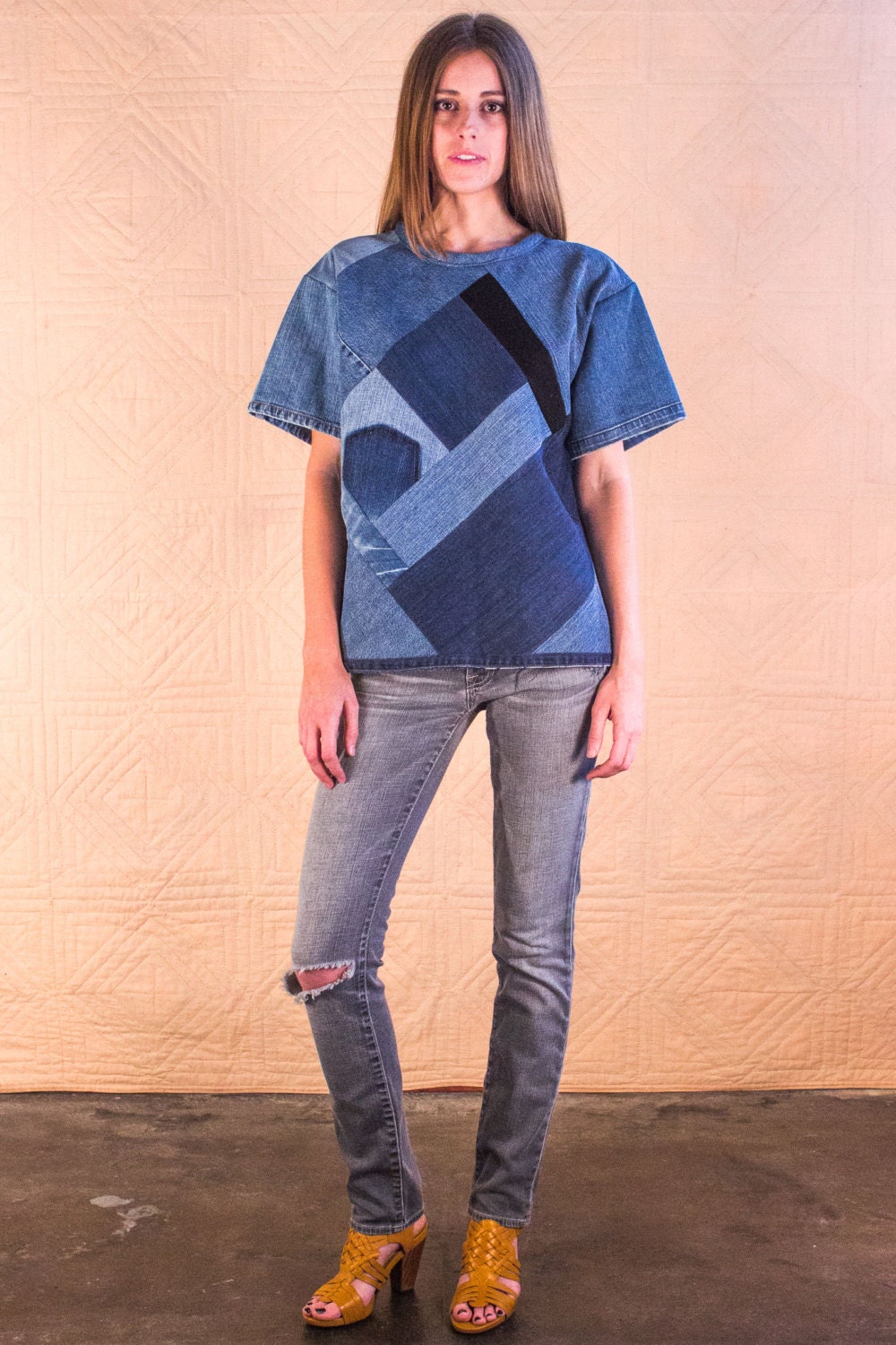 Recycled Denim Patchwork Top Unisex Handmade by Silkdenim One of a Kind ...