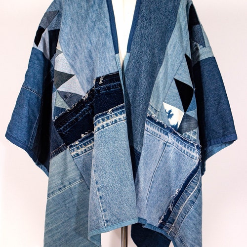 Recycled Denim Flying Geese Poncho Handmade Wearable - Etsy