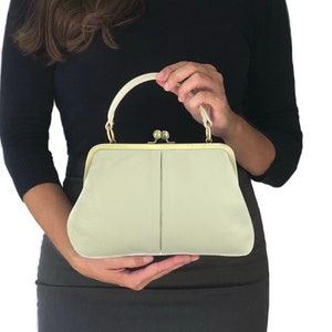 Vintage Leather Handbag - Small Olive in ivory white | Shoulder Bag, Kiss Lock Bag, Crossbody Bag