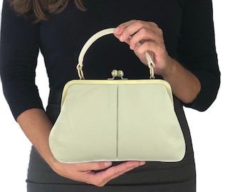 Vintage Leather Handbag - Small Olive in ivory white | Shoulder Bag, Kiss Lock Bag, Crossbody Bag